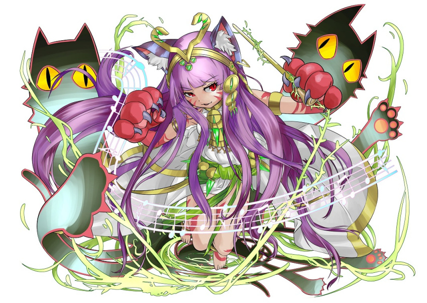 1girl animal_ears anklet armlet bare_legs bare_shoulders bastet_(p&amp;d) baton_(instrument) cat cat_ears claws dark_skin dress earrings egyptian facial_mark headpiece holding jewelry kei_(keiclear) long_hair musical_note open_mouth paws purple_hair puzzle_&amp;_dragons red_eyes simple_background slit_pupils solo very_long_hair white_background white_dress