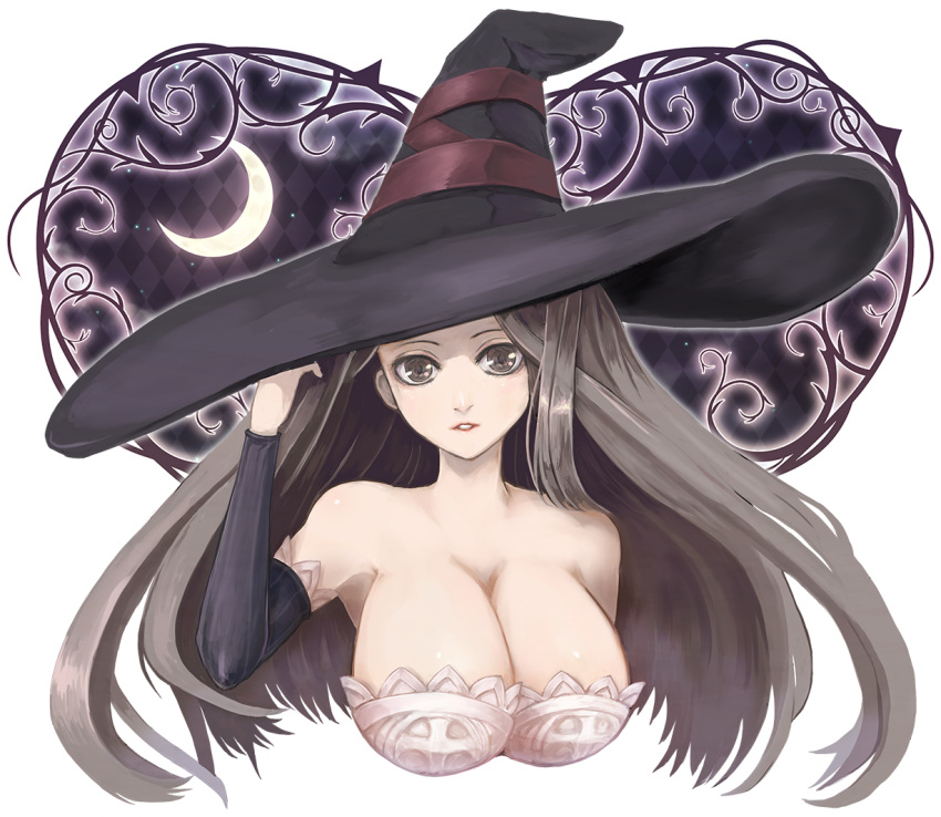 1girl azami bare_shoulders black_eyes black_hair breasts bust cleavage detached_sleeves dragon's_crown hat huge_breasts long_hair looking_at_viewer moon solo sorceress_(dragon's_crown) witch_hat