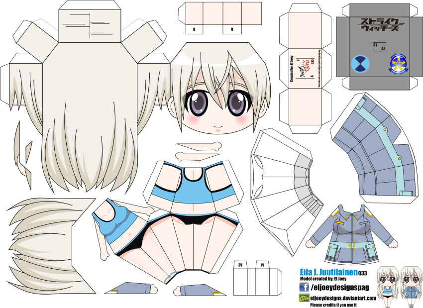 1girl artist_name blush boots breasts character_name chibi eila_ilmatar_juutilainen el_joey highres long_hair long_sleeves military_jacket navel panties paper_cut-out papercraft silver_hair smile solo strike_witches underwear uniform violet_eyes watermark web_address