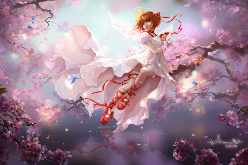 1girl cardcaptor_sakura cherry_blossoms dress garters kinomoto_sakura solo sunmomo wings