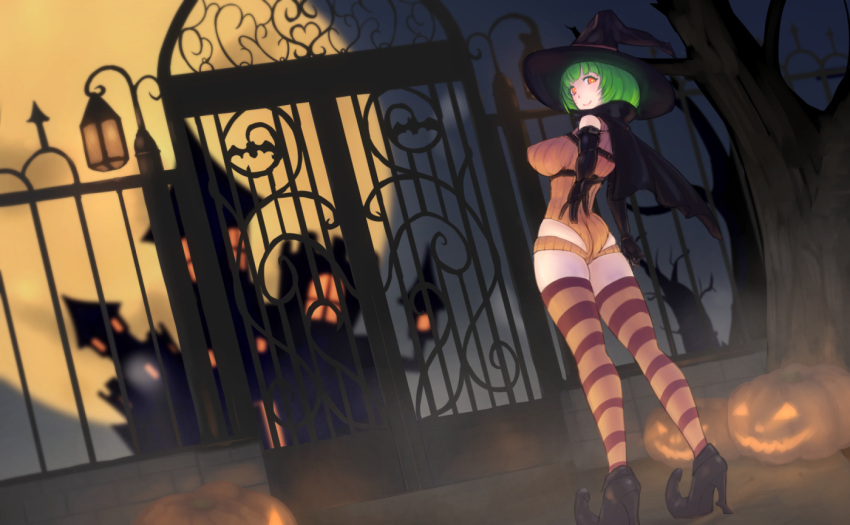 1girl ass breasts elbow_gloves gate gloves green_hair halloween high_heels kemurin large_breasts looking_at_viewer looking_back moon original pumpkin red_eyes short_hair smile solo striped striped_legwear thigh-highs