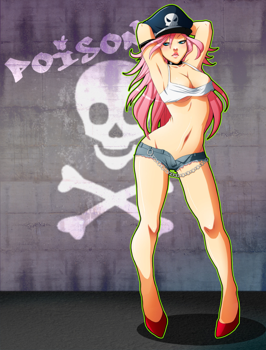 1girl armband armpits arms_behind_head arms_up blue_eyes breasts character_name cleavage collar contrapposto crop_top denim denim_shorts final_fight full_body hat high_heels highres lips lipstick long_hair makeup midriff navel no_bra open_fly peaked_cap pink_hair poison_(final_fight) puckered_lips red_shoes setsuna22 shoes short_shorts shorts skull solo standing tank_top under_boob unzipped