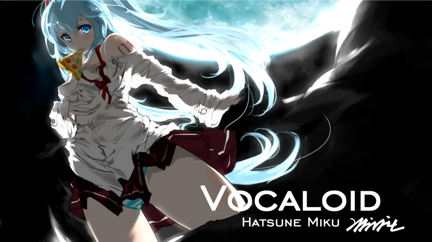 1girl aqua_hair artist_name blue_eyes character_name copyright_name food hatsune_miku highres long_hair looking_at_viewer mivit mouth_hold nail_polish off_shoulder panties pizza skirt solo striped striped_panties twintails underwear very_long_hair vocaloid
