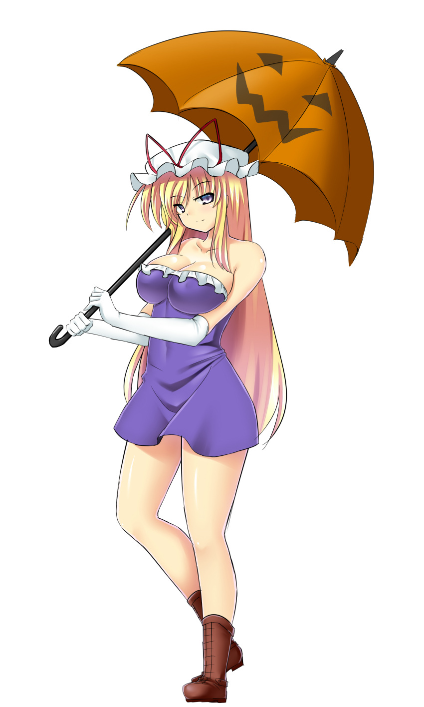 1girl absurdres bare_shoulders blonde_hair blush boots breasts brown_boots collarbone dress elbow_gloves gloves halloween highres large_breasts legs long_hair looking_at_viewer mob_cap mokkori9 purple_dress short_dress solo strapless_dress touhou umbrella very_long_hair violet_eyes white_gloves yakumo_yukari