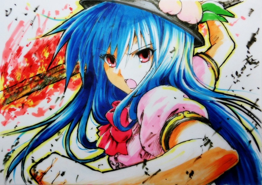 1girl ballpoint_pen_(medium) beluo77 blue_hair bow fighting_stance food fruit hat hinanawi_tenshi long_hair open_mouth peach red_eyes solo sword_of_hisou touhou traditional_media weapon