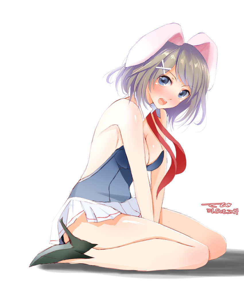 1girl adapted_costume animal_ears arms_at_sides between_legs blue_eyes breasts brown_hair from_side hair_ornament hand_between_legs high_heels highres kantai_collection kemonomimi_mode looking_at_viewer maya_(kantai_collection) miniskirt off_shoulder open_mouth pleated_skirt rabbit_ears short_hair sideboob skirt tbd11 white_skirt
