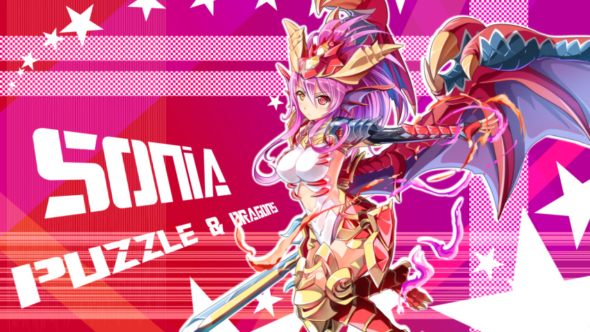 1girl armor arms_ai character_name copyright_name fingerless_gloves gloves head_fins heterochromia highres long_hair orange_eyes purple_hair puzzle_&amp;_dragons solo sonia_(p&amp;d) sword violet_eyes weapon wings