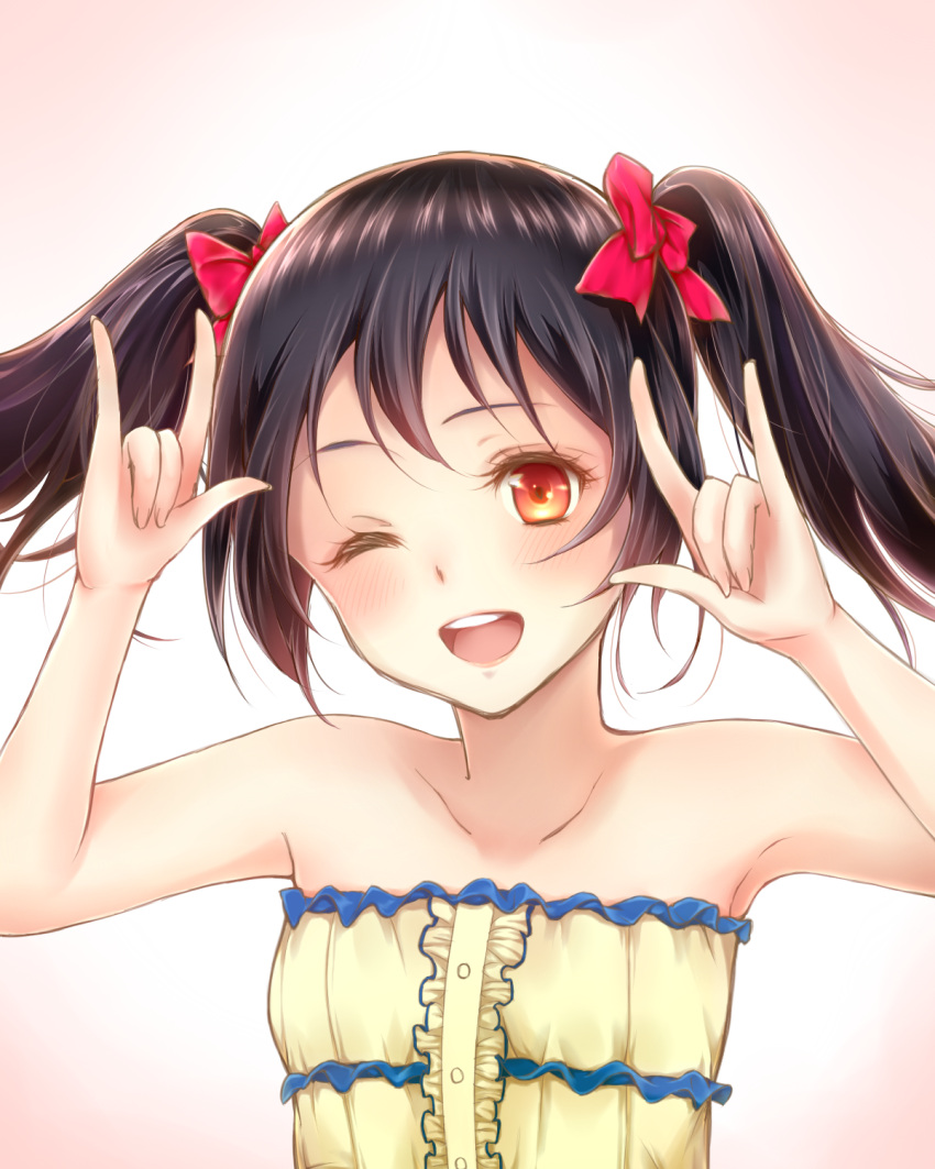 1girl ;d \m/ bare_shoulders black_hair blush bow bust collarbone double_\m/ hair_bow highres looking_at_viewer love_live!_school_idol_project moai715 one_eye_closed open_mouth red_eyes short_hair smile solo twintails yazawa_nico