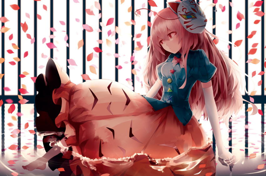 1girl barefoot bowtie chiruru96 elbow_gloves fox_mask gloves hata_no_kokoro long_hair long_skirt looking_away mask mask_on_head partially_submerged petals pink_hair puffy_sleeves red_eyes shirt short_sleeves skirt solo touhou water white_gloves