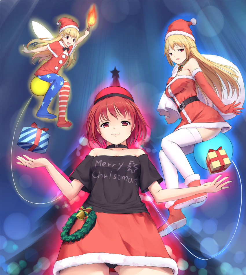 3girls :d alternate_costume american_flag_legwear aura bell belt black_panties blonde_hair blue_background blurry boots box capelet choker clothes_writing clownpiece depth_of_field elbow_gloves fairy_wings fur_trim gift gift_box gloves hands_up hat hecatia_lapislazuli highres jewelry junko_(touhou) lely long_hair looking_at_viewer looking_to_the_side merry_christmas multicolored_ribbon multiple_girls neck_ribbon no_shoes off_shoulder open_hands open_mouth panties pantyshot pantyshot_(standing) pine_tree polos_crown red_eyes red_skirt redhead ribbon ring sack santa_boots santa_gloves santa_hat shirt short_hair sitting sitting_on_object skirt smile standing t-shirt thigh-highs torch touhou tree underwear white_legwear wings wreath