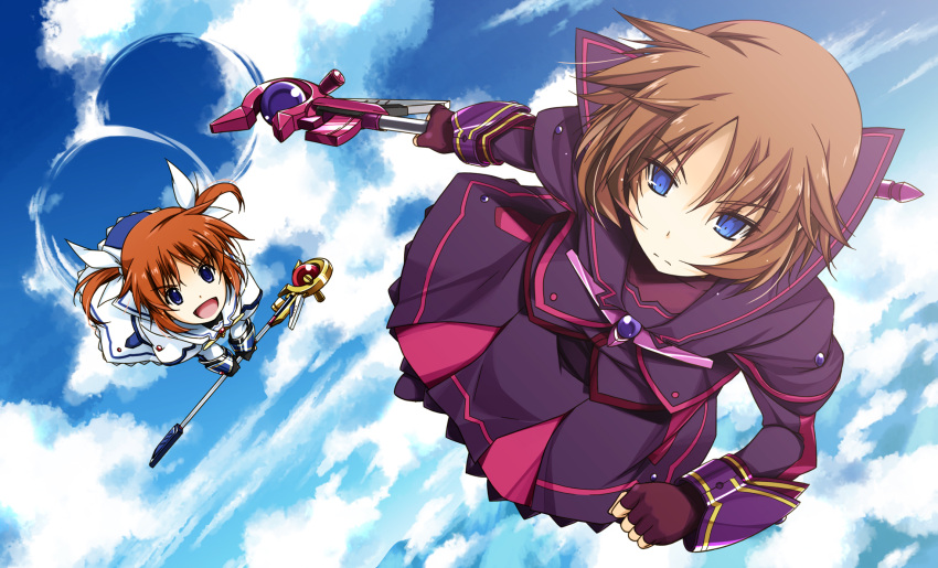 2girls blue_eyes brown_hair highres long_hair lyrical_nanoha mahou_shoujo_lyrical_nanoha mahou_shoujo_lyrical_nanoha_a's mahou_shoujo_lyrical_nanoha_a's_portable:_the_gears_of_destiny material-s multiple_girls shikei takamachi_nanoha twintails