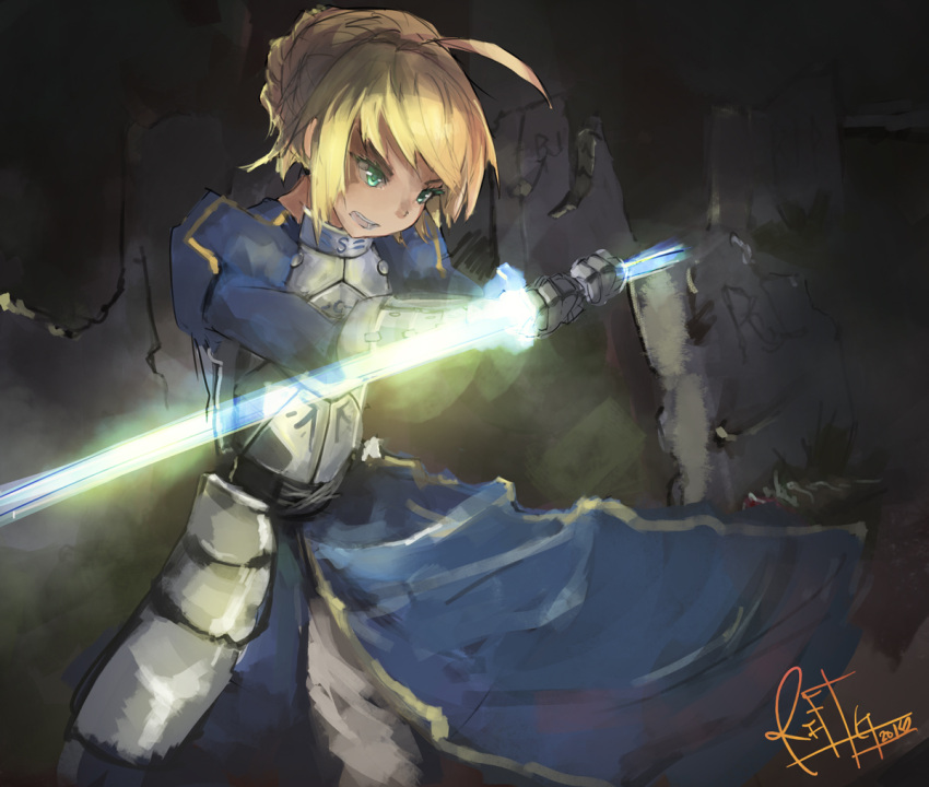 1girl ahoge armor armored_dress blonde_hair dress fate/stay_night fate_(series) gauntlets green_eyes riftgarret saber solo sword weapon