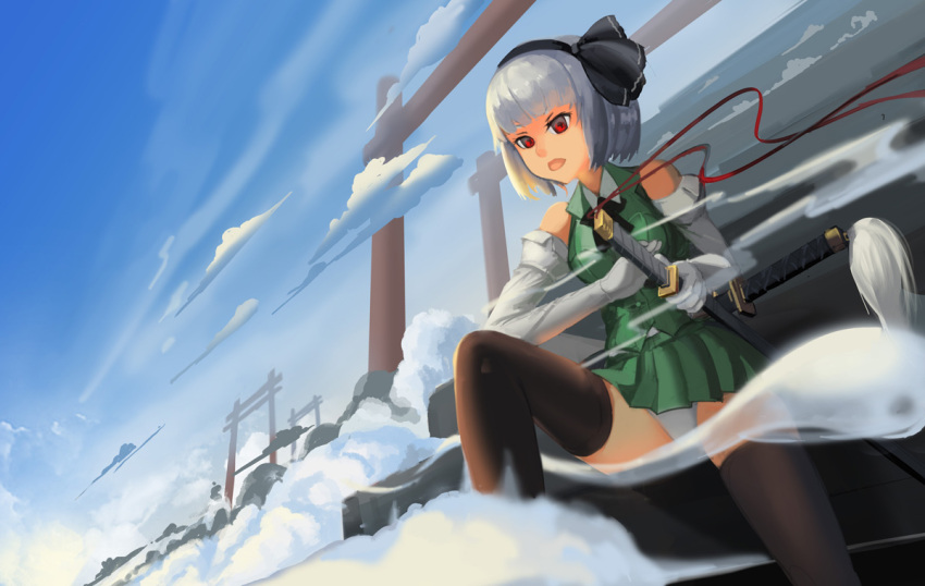 1girl adapted_costume alternate_eye_color black_legwear blue_sky breasts bridow clouds collared_shirt elbow_gloves fighting_stance gloves green_skirt green_vest hairband konpaku_youmu looking_down multiple_swords multiple_torii open_mouth panties pantyshot pantyshot_(standing) red_eyes ribbon sheath sheathed silver_hair skirt sky sleeveless solo stairway standing sunlight tagme thigh-highs thighs tongue touhou underwear white_gloves wind