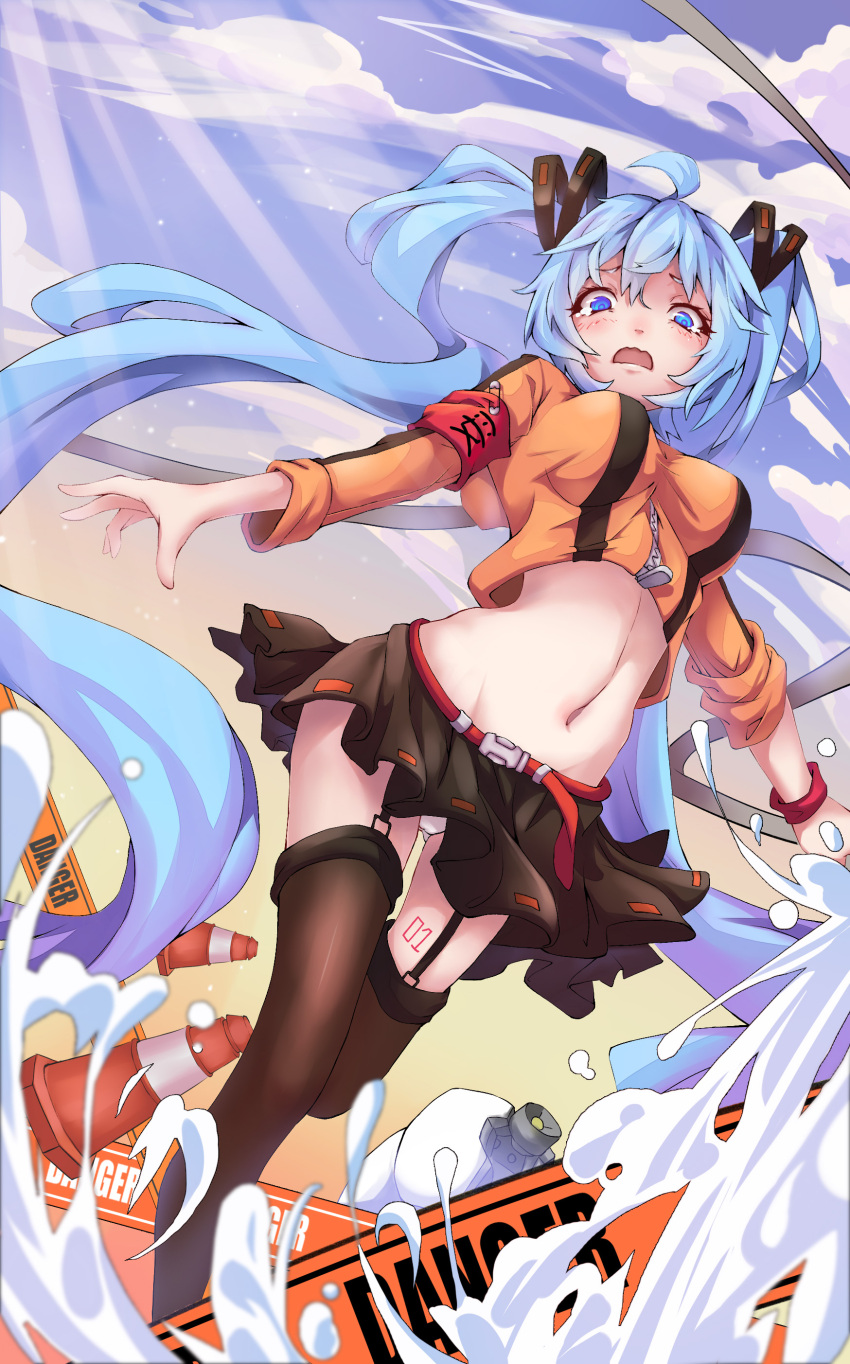 1girl absurdres ahoge armband belt black_legwear blue_eyes blue_hair blue_sky breasts crop_top d: garter_straps hatsune_miku highres light_rays litsvn long_hair long_sleeves looking_at_viewer microskirt midriff navel open_mouth orange_shirt panties pantyshot pantyshot_(standing) ribbon-trimmed_skirt safety_pin sign skirt sky sleeves_rolled_up solo splashing standing standing_on_one_leg sunlight tattoo thigh-highs traffic_cone twintails underwear very_long_hair vocaloid water wavy_mouth white_panties wristband zipper