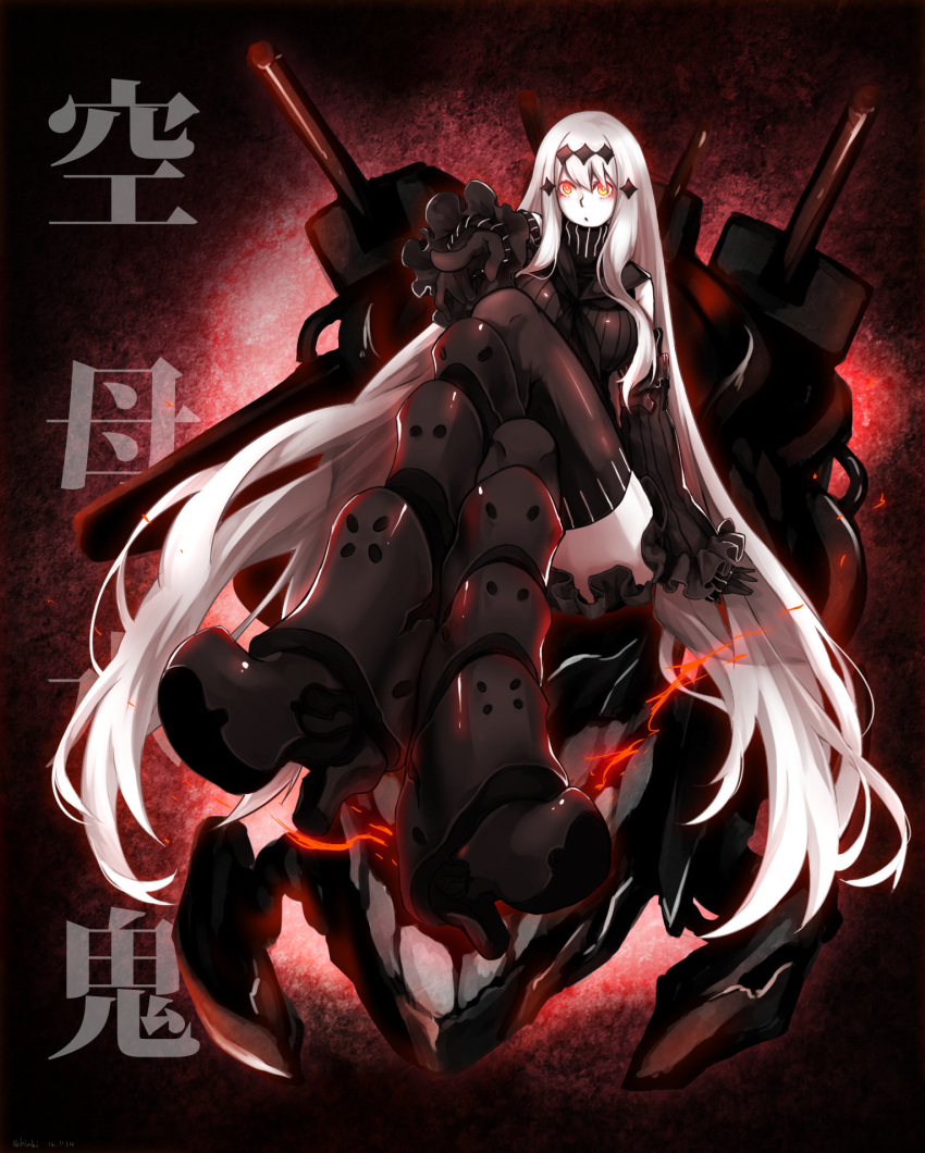 1girl aircraft_carrier_water_oni al_chiaki armored_boots bare_shoulders black_gloves boots crossed_legs detached_sleeves frilled_sleeves frills gloves glowing glowing_eyes hair_ornament highres kantai_collection long_hair machinery neckerchief pale_skin pointing red_eyes ribbed_dress sailor_collar shinkaisei-kan sitting solo thigh-highs thigh_boots turtleneck very_long_hair white_hair white_skin