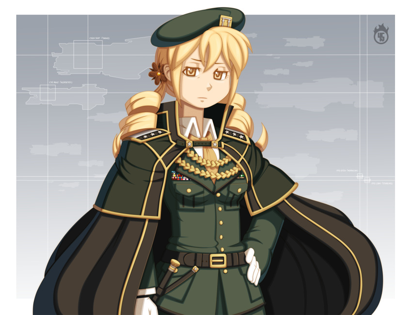 1girl aiguillette baton belt belt_buckle beret blaze45 blonde_hair cape drill_hair epaulettes fleet gloves green_clothes hair_ornament hairpin hat highres long_hair mahou_shoujo_madoka_magica marshal's_baton medal military military_hat military_jacket military_uniform necktie officer science_fiction shoulder_pads solo space_craft star tomoe_mami twin_drills uniform watermark white_gloves yellow_eyes