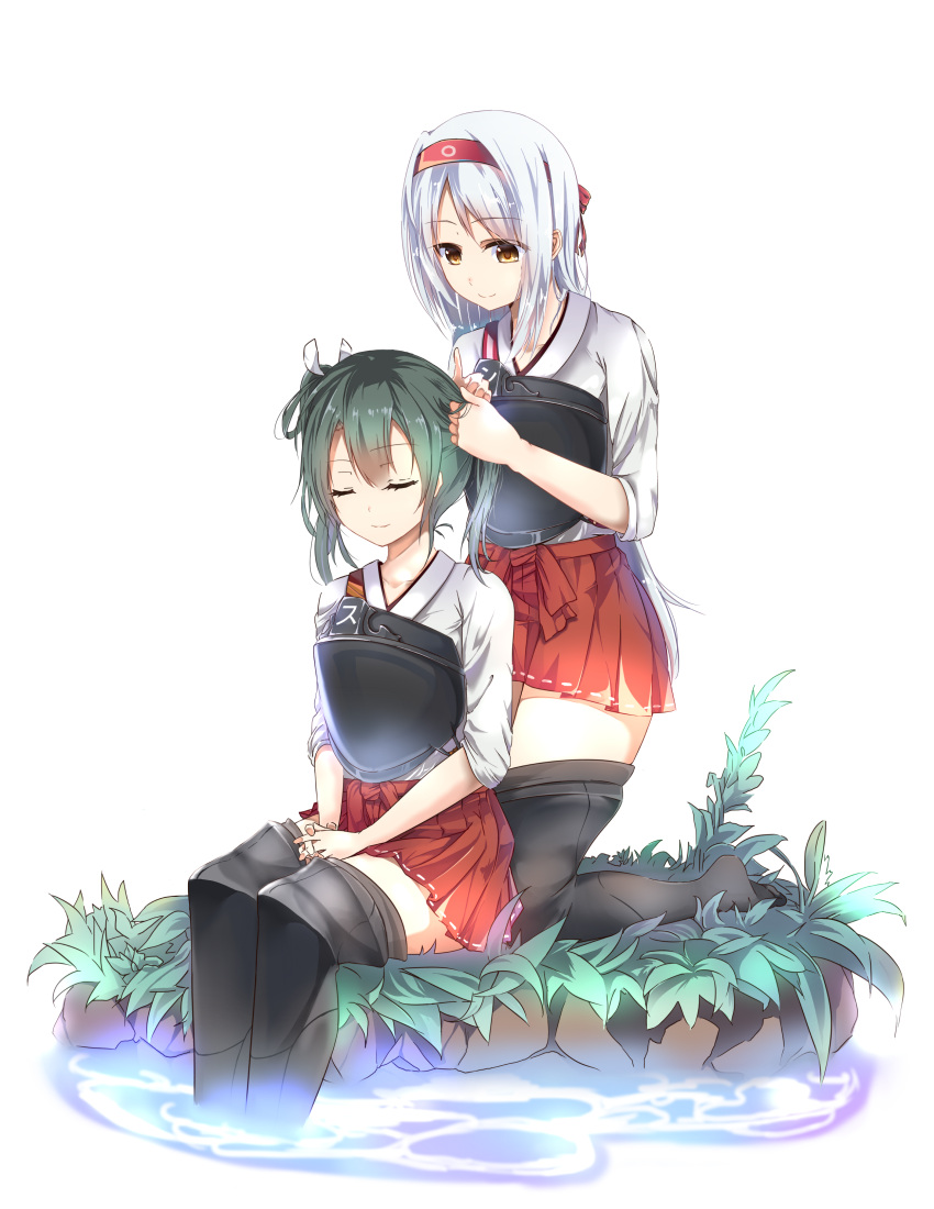 2girls absurdres adjusting_hair boots brown_eyes closed_eyes grey_hair hair_ribbon hakama_skirt headband highres japanese_clothes kantai_collection kneeling long_hair multiple_girls muneate pleated_skirt red_skirt ribbon shoukaku_(kantai_collection) silver_hair simple_background sitting skirt thigh-highs thigh_boots twintails white_background white_ribbon yorughi zuikaku_(kantai_collection)