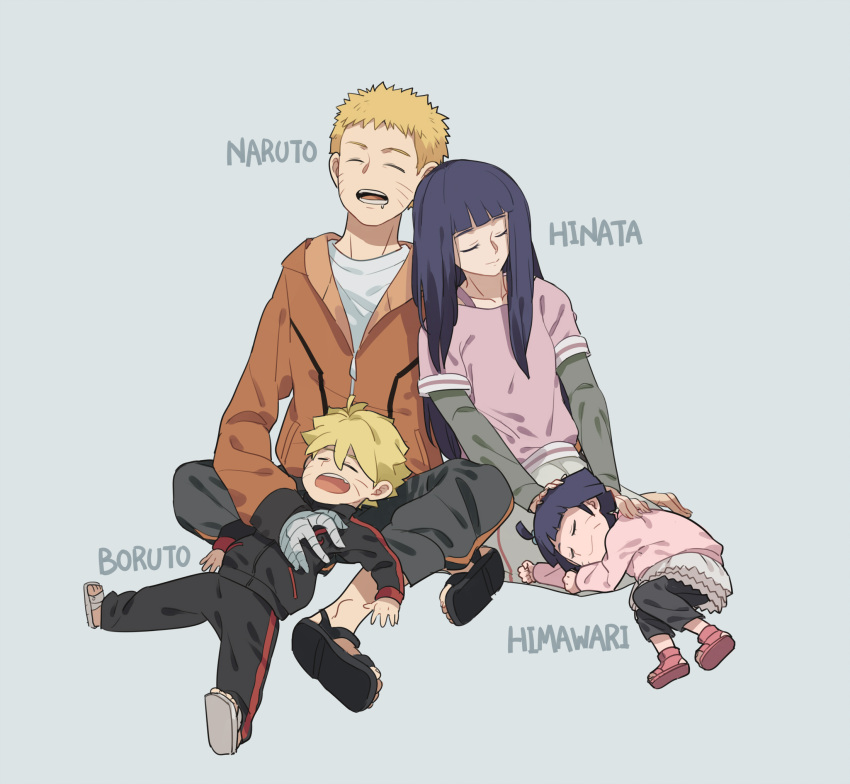 2boys 2girls blonde_hair closed_eyes facial_mark family father_and_daughter father_and_son highres husband_and_wife hyuuga_hinata long_hair luo. mother_and_daughter mother_and_son multiple_boys multiple_girls naruto short_hair sleeping sleeping_on_person uzumaki_boruto uzumaki_himawari uzumaki_naruto