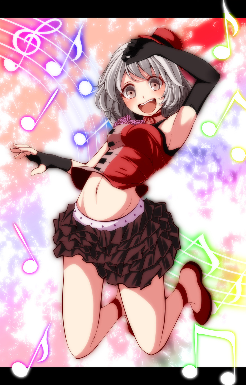 1girl alternate_costume arm_up armpits black_gloves elbow_gloves fingerless_gloves frilled_skirt frills gloves grey_eyes hat highres jumping letterboxed lyrica_prismriver midriff mini_top_hat musical_note navel open_mouth s-syogo silver_hair skirt sleeveless sleeveless_shirt smile solo top_hat touhou