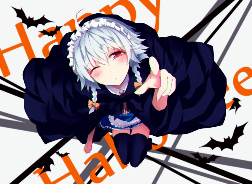1girl apron black_legwear blue_dress cape chiruru96 dress from_above halloween happy_halloween izayoi_sakuya looking_at_viewer maid_apron maid_headdress one_eye_closed pointing pointing_at_viewer pouty_lips pov pov_eye_contact red_eyes silver_hair thigh-highs touhou