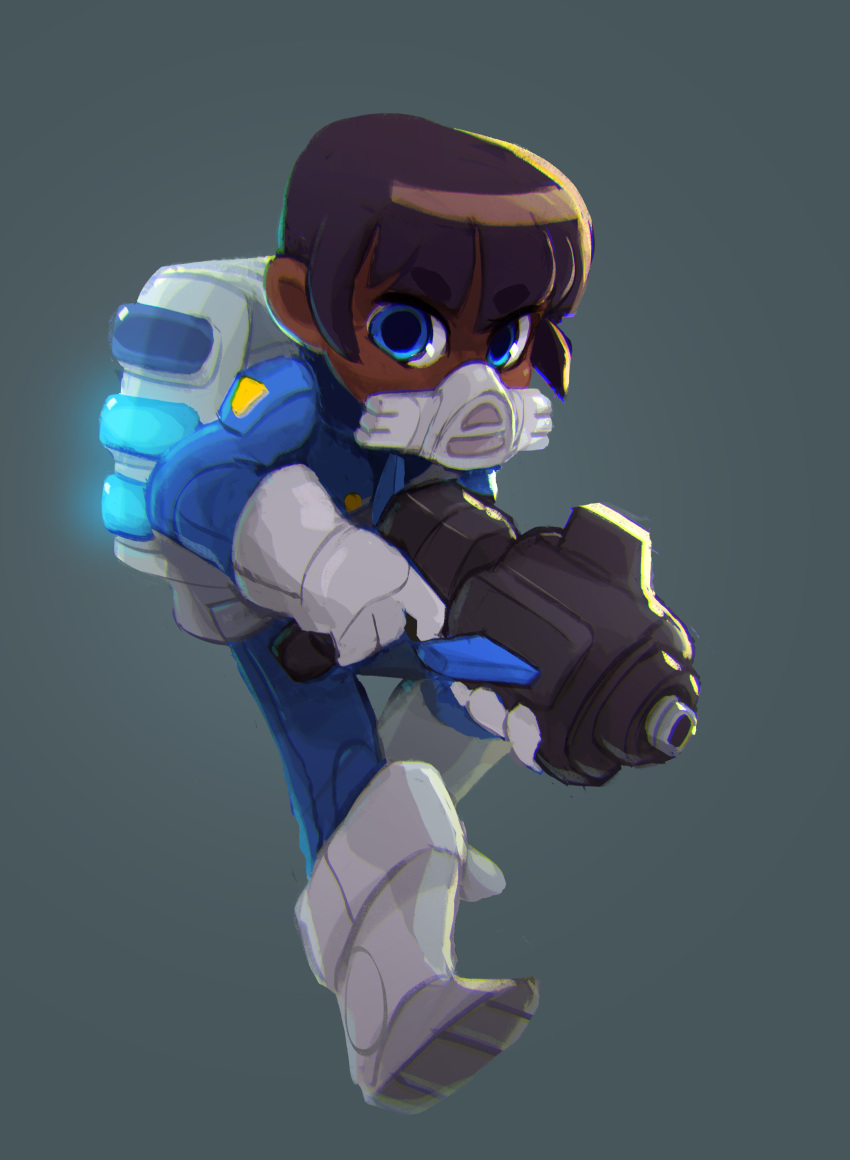 1girl absurdres backpack bag blue_eyes boots dark_skin full_body gloves gun highres justin_chan looking_at_viewer nuclear_throne official_art police police_uniform respirator rogue_(nuclear_throne) short_hair simple_background solo uniform weapon white_gloves