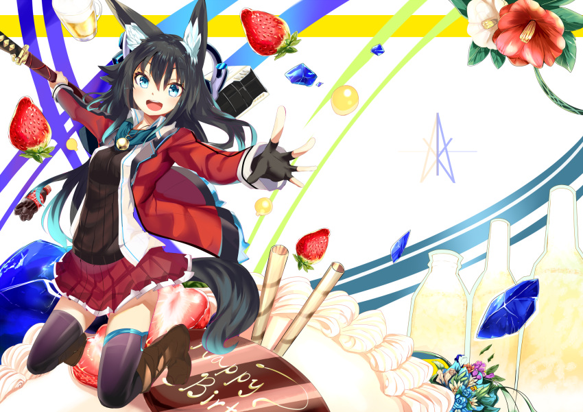 1girl animal_ears black_hair blue_eyes blush boots cake fingerless_gloves food fox_ears fox_tail fruit gloves haik happy_birthday highres jewelry katana kneeling long_hair looking_at_viewer necklace open_mouth original sheath smile solo strawberry sword tail thigh-highs weapon