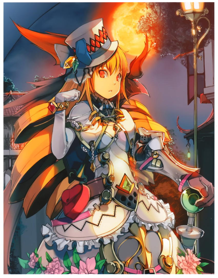 1girl absurdres armor belt bracelet brown_hair drill_hair elbow_gloves flower full_moon gauntlets gloves hat highres jewelry kaku-san-sei_million_arthur ky looking_at_viewer moon pauldrons red_eyes scan standing tagme top_hat twin_drills twintails weapon