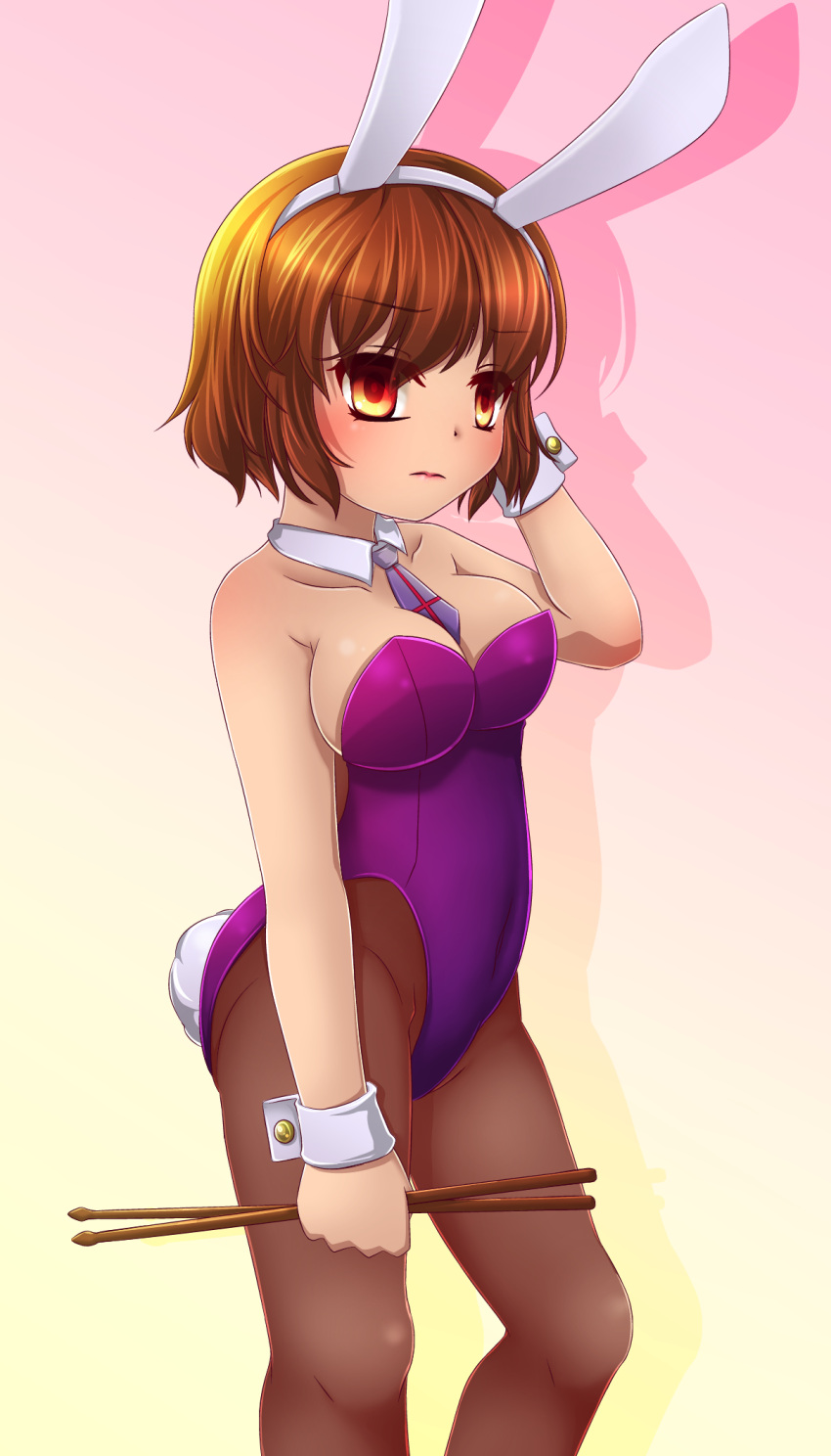 1girl animal_ears brown_hair bunny_tail bunnysuit character_request detached_collar drumsticks highres kakiikada necktie pantyhose rabbit_ears red_eyes short_hair tail touhou wrist_cuffs