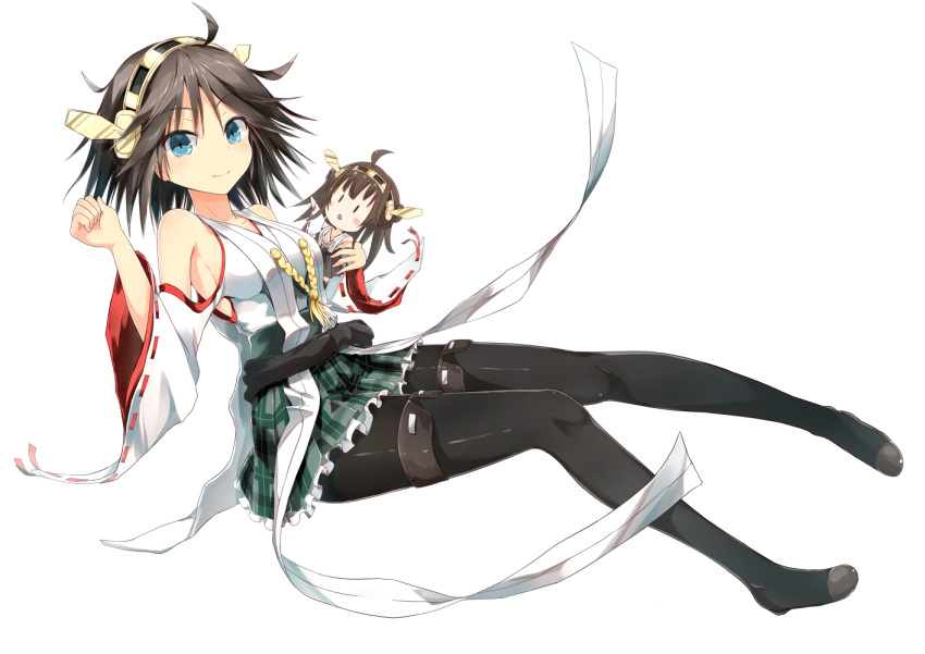 1girl bare_shoulders black_legwear blue_eyes boots breasts brown_hair character_doll cleavage detached_sleeves doll flipped_hair from_side green_skirt hairband headgear hiei_(kantai_collection) japanese_clothes kantai_collection kongou_(kantai_collection) looking_at_viewer nontraditional_miko objectification pantyhose plaid plaid_skirt short_hair sideboob skirt smile solo suneo thigh-highs thigh_boots