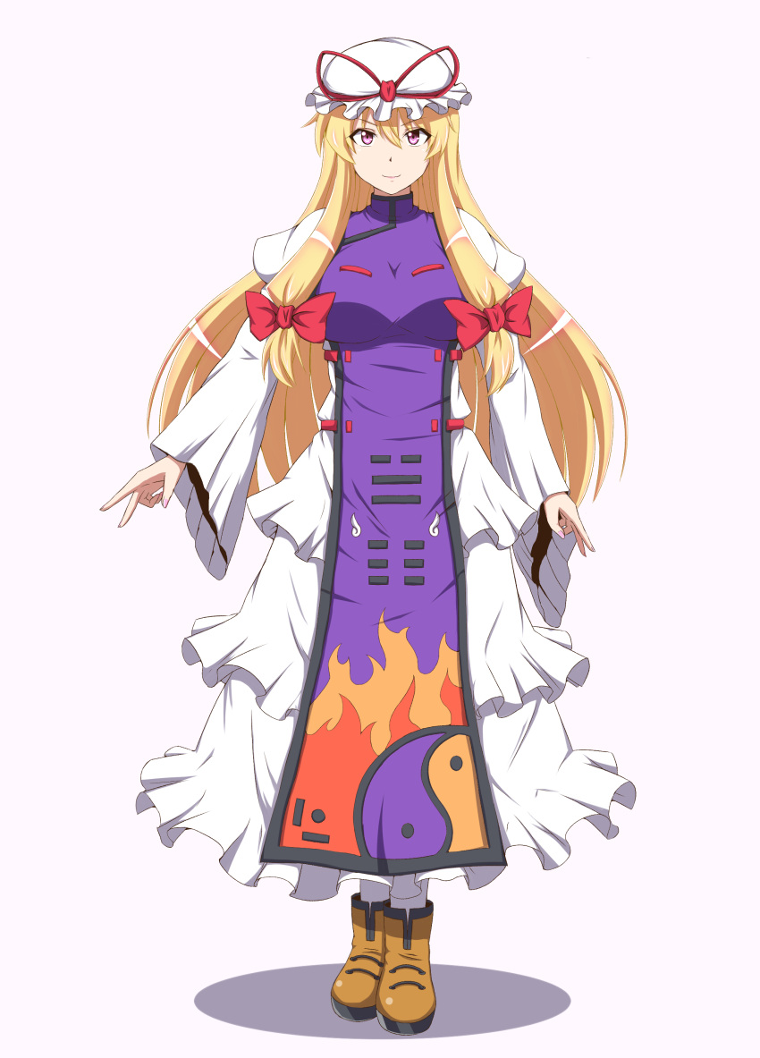 1girl absurdres ankle_boots boots breasts double_v dress frilled_dress frills highres kyoukyan large_breasts lipstick long_dress long_hair long_sleeves makeup mob_cap smile solo tabard touhou v very_long_hair violet_eyes yakumo_yukari