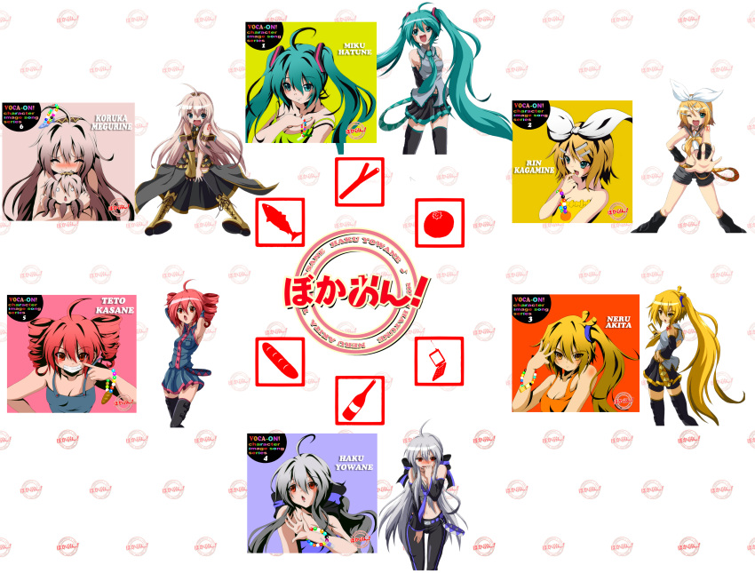 6girls :o absurdres ahoge akita_neru armpits blonde_hair blue_eyes blush bracelet breasts character_single cleavage detached_sleeves dr._cryptoso drill_hair fang green_eyes green_hair hair_ornament hair_ribbon hairclip hatsune_miku headband highres jewelry k-on! kagamine_rin kasane_teto long_hair megurine_luka midriff mouth_hold multiple_girls nail_polish necktie parody pink_hair ponytail red_hair redhead ribbon shorts side_ponytail silver_hair smile takoluka thigh-highs thighhighs twintails utau very_long_hair vocaloid voyakiloid yellow_eyes young yowane_haku