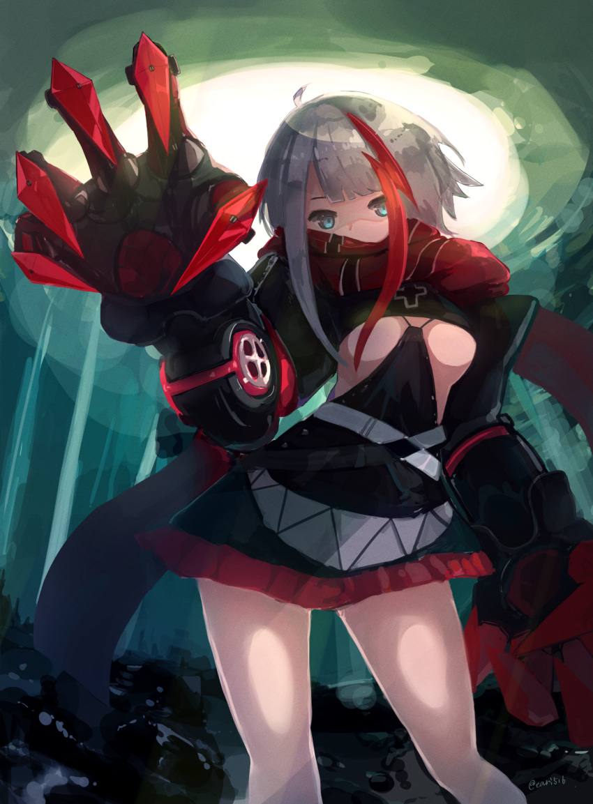 1girl admiral_graf_spee_(azur_lane) azur_lane black_dress blue_eyes breasts claw_(weapon) covered_mouth dress eari highres iron_cross looking_at_viewer mechanical_arms multicolored_hair red_scarf redhead scarf short_dress short_hair_with_long_locks silver_hair small_breasts solo streaked_hair two-tone_hair under_boob weapon