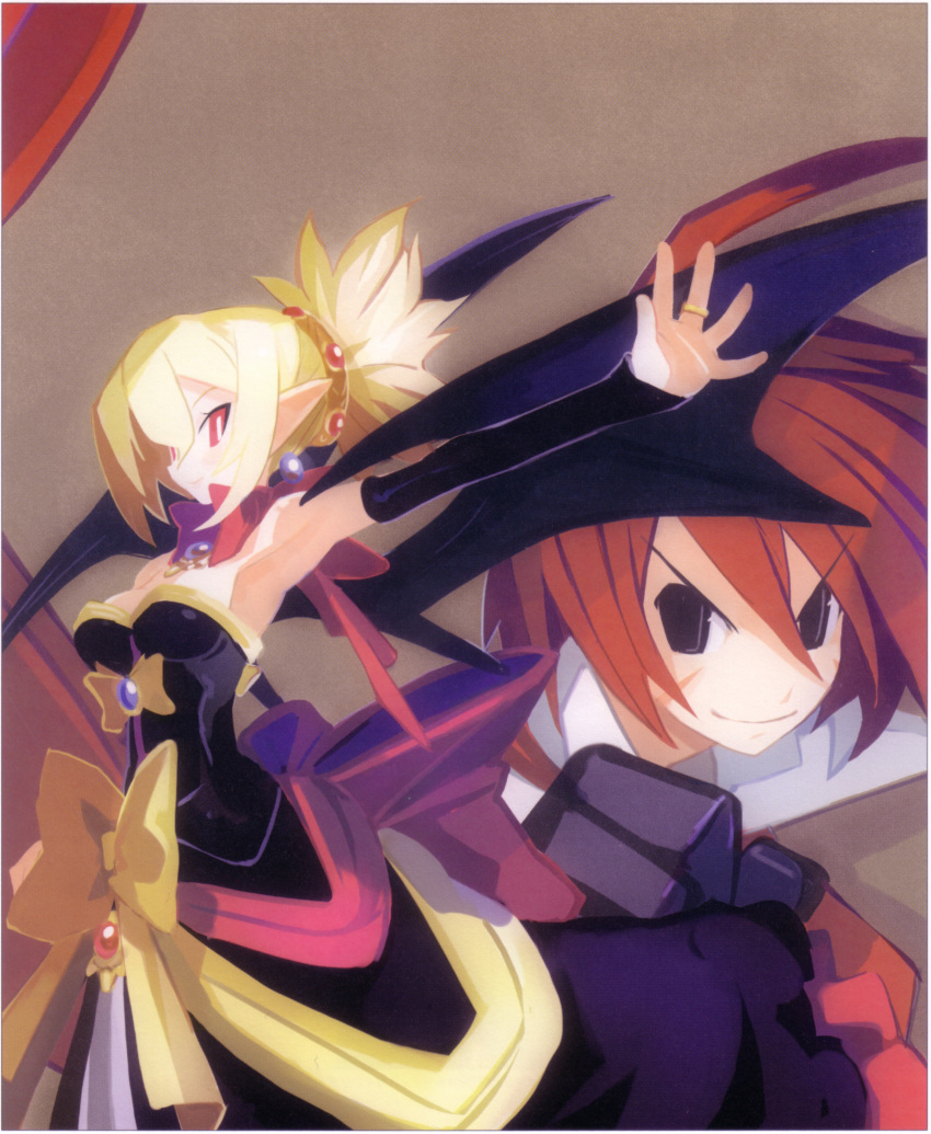 armpits blonde_hair disgaea disgaea_2 dress harada_takehito highres makai_senki_disgaea_2 red_eyes red_hair redhead rozalin scan