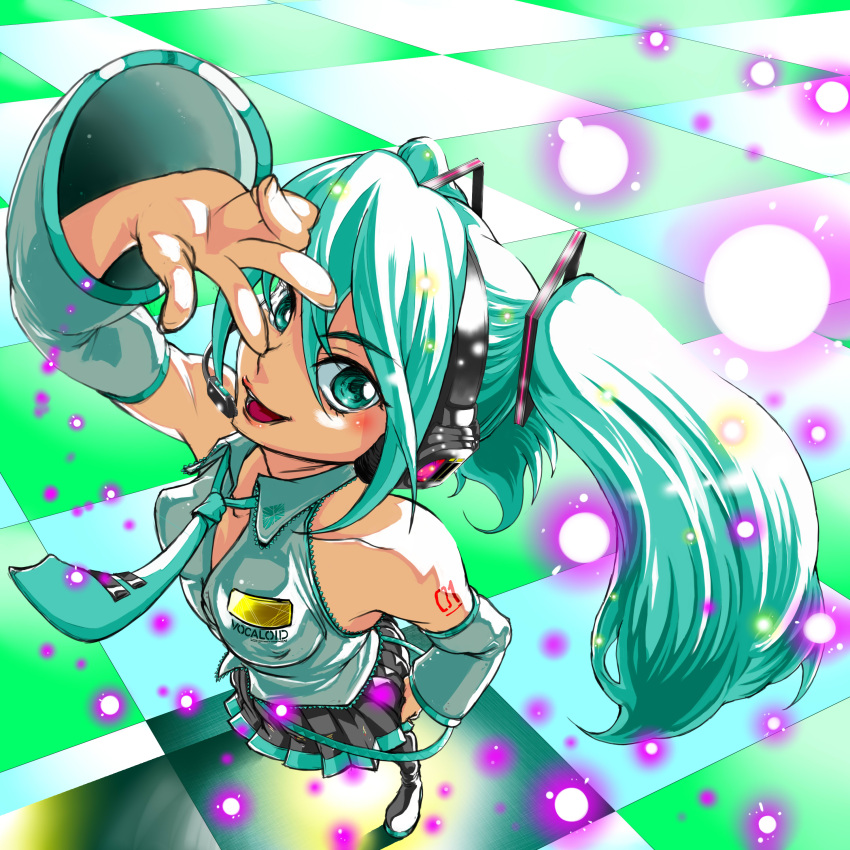 absurdres aqua_eyes aqua_hair detached_sleeves from_above hatsune_miku headphones headset highres long_hair necktie oberon skirt smile solo thigh-highs thighhighs twintails v very_long_hair vocaloid
