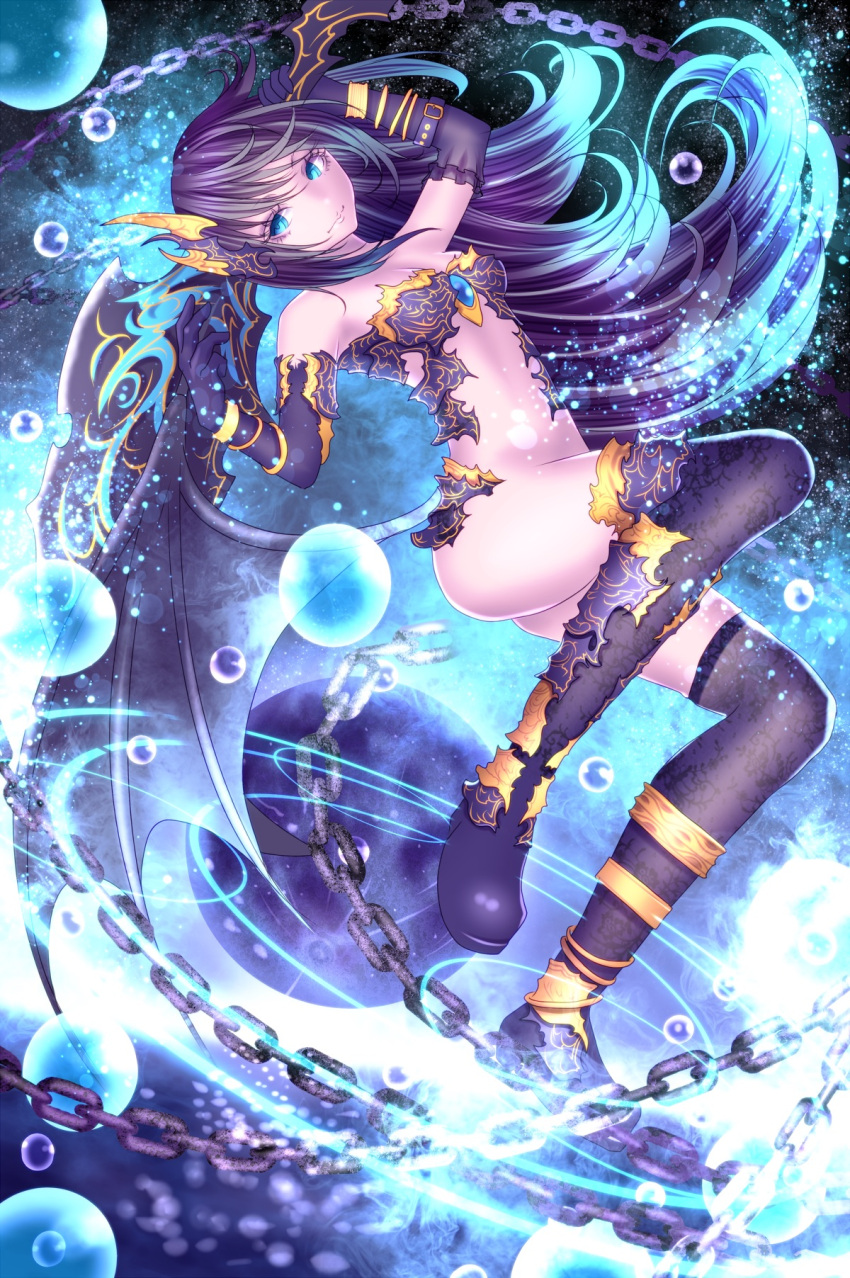 1girl armor bikini_armor blue_eyes dark_persona highres long_hair original purple_hair solo wings yusuke_(shiota)