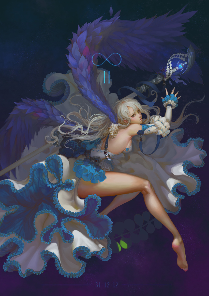 1girl barefoot blue_eyes blue_wings breasts detached_sleeves eddy_huang_zheng feathered_wings frills highres long_hair long_skirt original showgirl_skirt silver_hair skirt soles solo staff toes wings