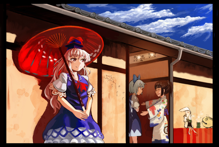 3girls architecture blue_hair border bow brown_hair cirno clouds dress east_asian_architecture extra hair_bow hat ice ice_wings japanese_clothes kamishirasawa_keine kimono long_hair multiple_girls neckerchief nihimaru open_mouth oriental_umbrella ponytail red_eyes ribbon short_hair silver_hair sky smile touhou tsukumogami umbrella wings