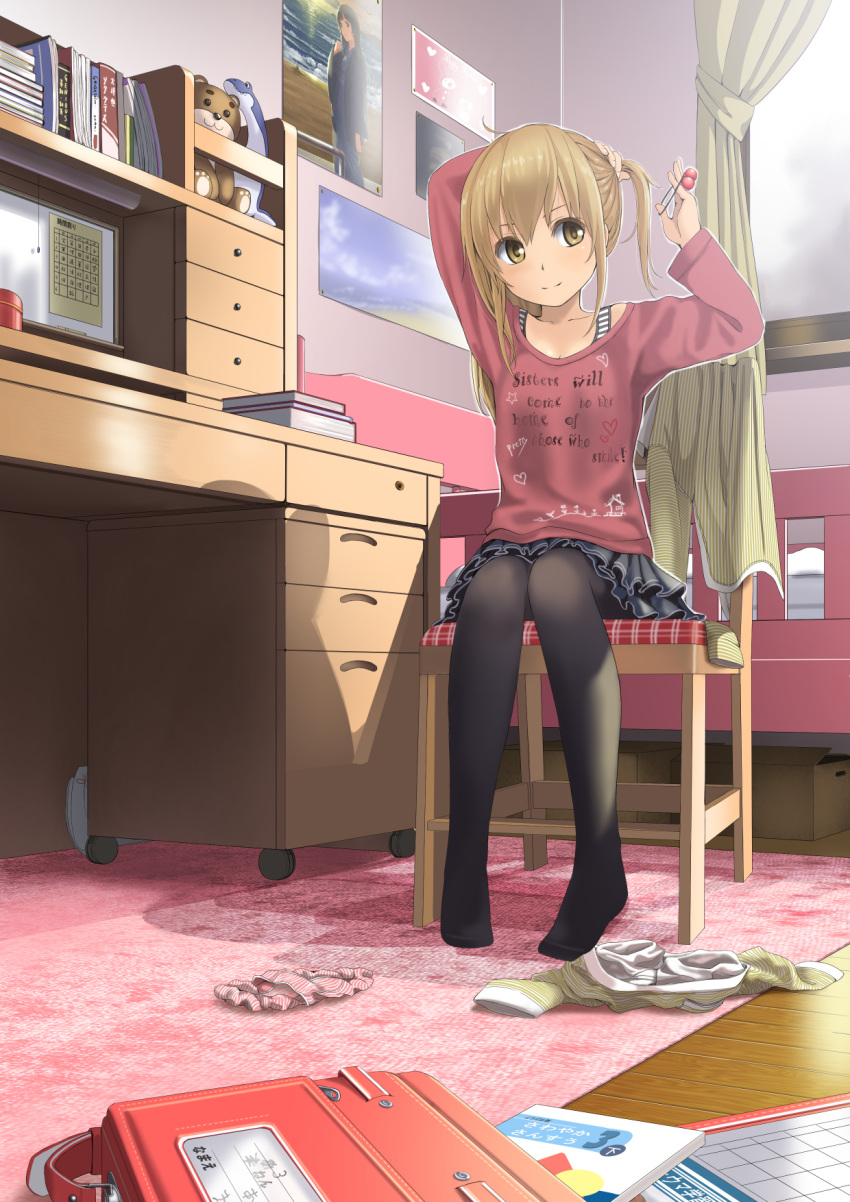 1girl bag bed bedroom black_legwear blonde_hair book box chair clothes curtains desk doll frilled_skirt frills highres original panties poster_(object) school_bag shadow sitting skirt smile solo stuffed_animal stuffed_toy sweater tied_hair underwear yellow_eyes yoropa