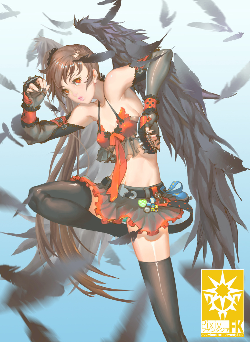 1girl absurdres black_legwear black_nails black_wings brass_knuckles brown_hair eddy_huang_zheng elbow_gloves feathered_wings feathers fingerless_gloves frills gloves highres leg_lift lips long_hair midriff nail_polish orange_eyes panties pantyshot pixiv_fantasia pixiv_fantasia_fallen_kings puckered_lips short_hair side_ponytail skirt small_breasts solo striped striped_panties thigh-highs underwear very_long_hair weapon wings