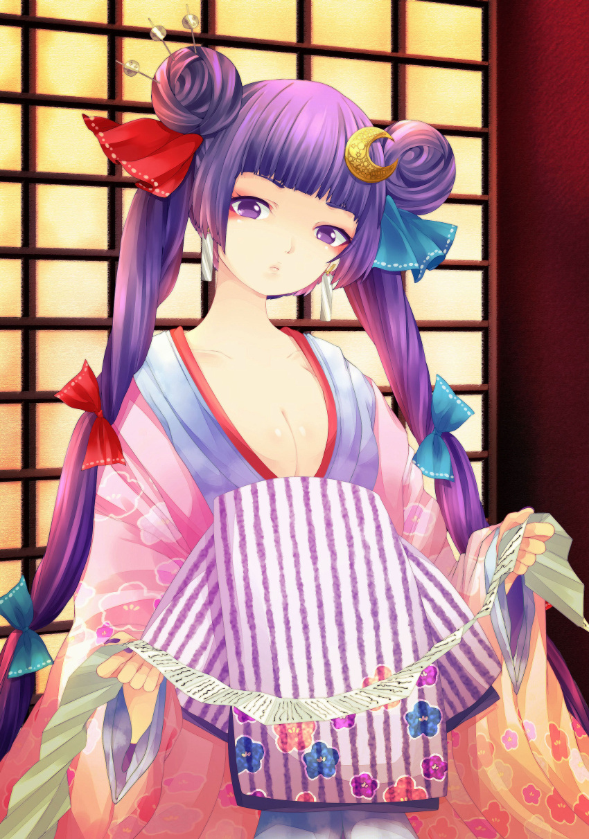 1girl absurdres alternate_hairstyle breasts cleavage clumeal crescent_hair_ornament double_bun earrings hair_ornament hair_ribbon hairpin head_tilt highres japanese_clothes jewelry large_breasts long_hair patchouli_knowledge purple_hair ribbon scroll solo touhou tress_ribbon twintails very_long_hair violet_eyes
