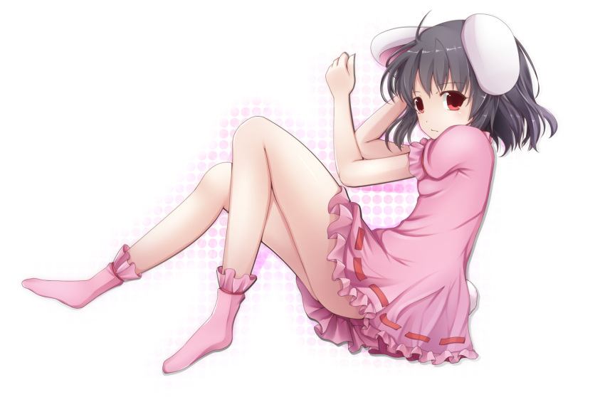 1girl animal_ears black_hair bunny_tail dress frilled_dress frills highres inaba_tewi k-sk_style looking_at_viewer polka_dot polka_dot_background rabbit_ears red_eyes short_hair short_sleeves simple_background socks solo tail touhou white_background