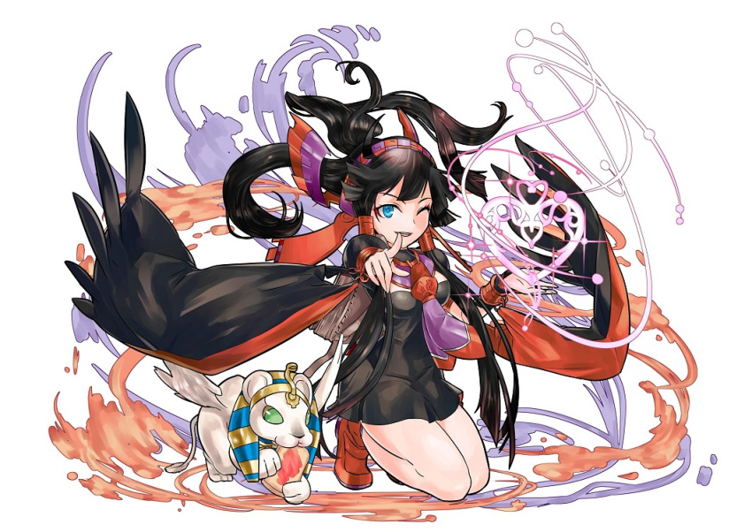 1girl ;d animal black_dress black_hair blue_eyes bracer dress egyptian eyeshadow headdress jelly jewelry kei_(keiclear) knees_together_feet_apart lion long_hair makeup nephthys_(p&amp;d) one_eye_closed open_mouth pointing ponytail puzzle_&amp;_dragons simple_background smile solo toast white_background