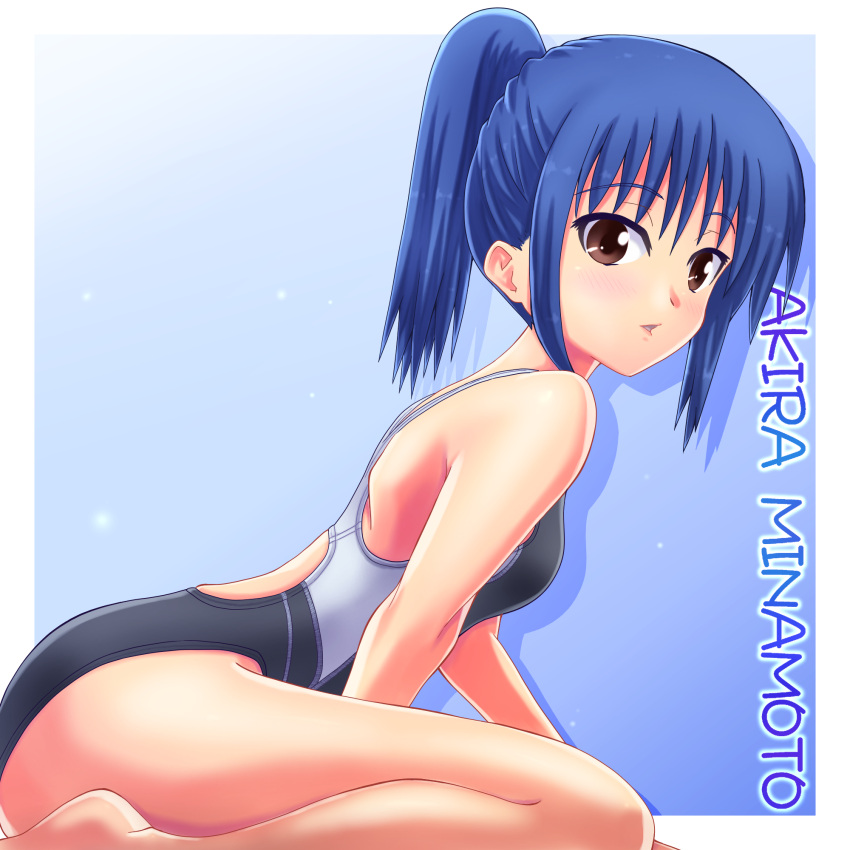 1girl blue_hair brown_eyes competition_swimsuit highres one-piece_swimsuit original short_hair solo swimsuit tennouji_masamichi