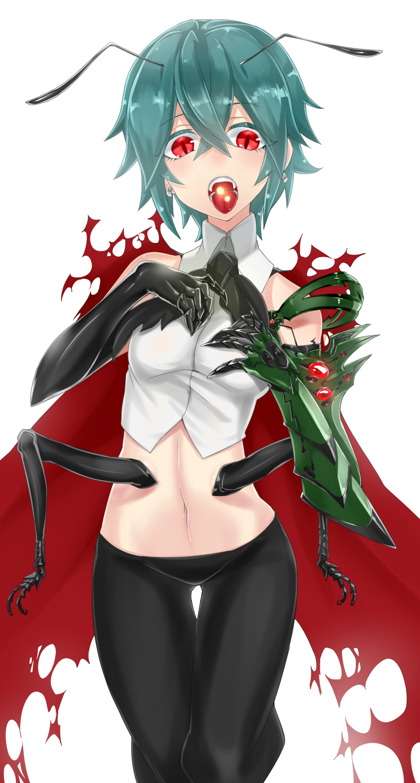 1girl absurdres antennae bifrst cape earrings extra_arms fangs green_hair highres insect_girl jewelry midriff monster_girl navel open_mouth red_eyes short_hair solo touhou wings wriggle_nightbug