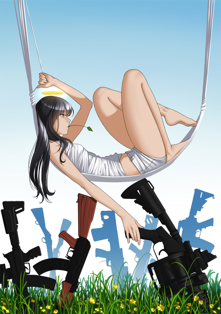 1girl aconitea ak-47 assault_rifle bare_legs barefoot black_hair from_side grass grenade_launcher gun halo hammock highres long_hair lying mouth_hold on_back rifle shorts solo tank_top weapon