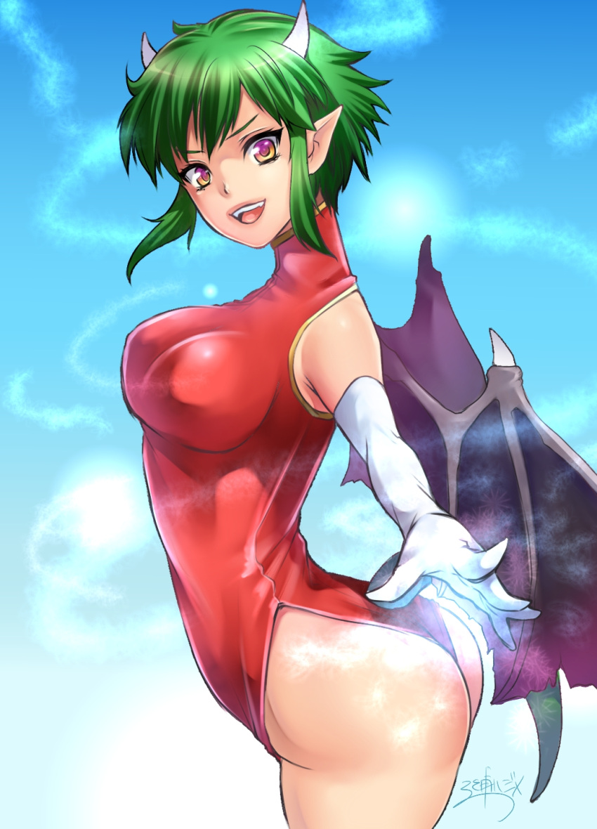 1girl ass breasts demon_wings gloves green_eyes highres looking_at_viewer miura_hajime pink_eyes pointing pointing_at_viewer pointy_ears short_hair signature smile solo thighs white_gloves wings yellow_eyes