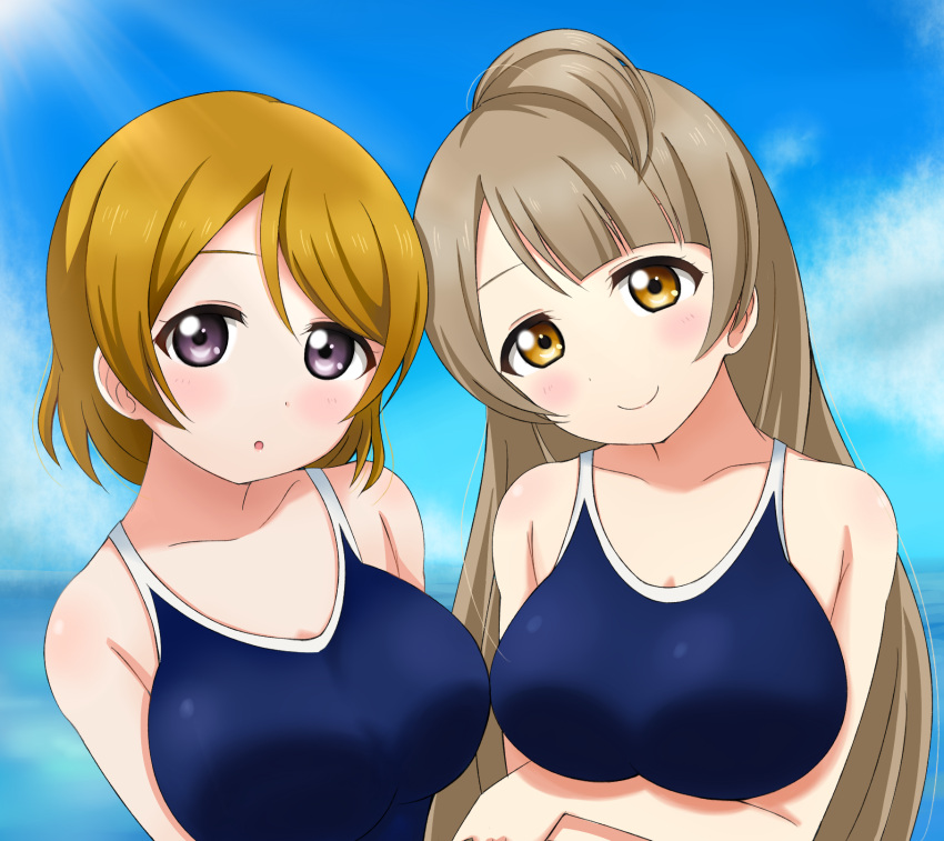 2girls breasts brown_eyes brown_hair highres koizumi_hanayo long_hair love_live!_school_idol_project minami_kotori multiple_girls short_hair violet_eyes wewe