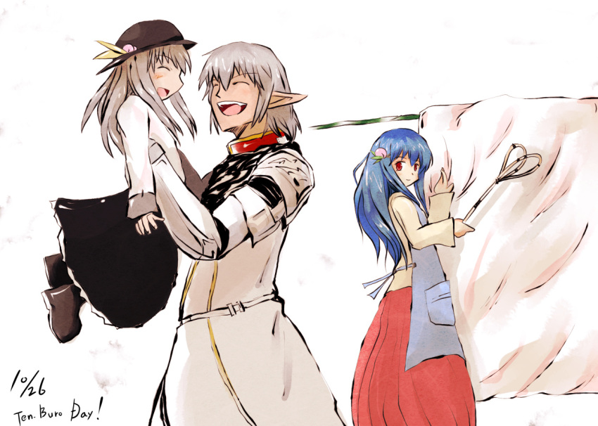 1boy 2girls armor blue_hair buronko buront crossover dress final_fantasy final_fantasy_xi food fruit happy hat hinanawi_tenshi long_hair multiple_girls open_mouth peach red_eyes short_hair silver_hair smile the_iron_of_yin_and_yang touhou