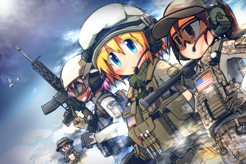 4girls assault_rifle bag battlefield_(series) battlefield_4 black_hair blonde_hair blue_eyes boonie_hat brown_eyes brown_hair camouflage camouflage_pants emblem epiphone_(flet06) glasses gloves goggles goggles_on_head green_eyes grin gun hand_on_hip handgun hat headset heckler_&amp;_koch helmet highres hk416 holster load_bearing_vest magazine_(weapon) military multiple_girls open_mouth pants pink_hair ponytail red_eyes rifle scarf shotgun smile trigger_discipline uav weapon