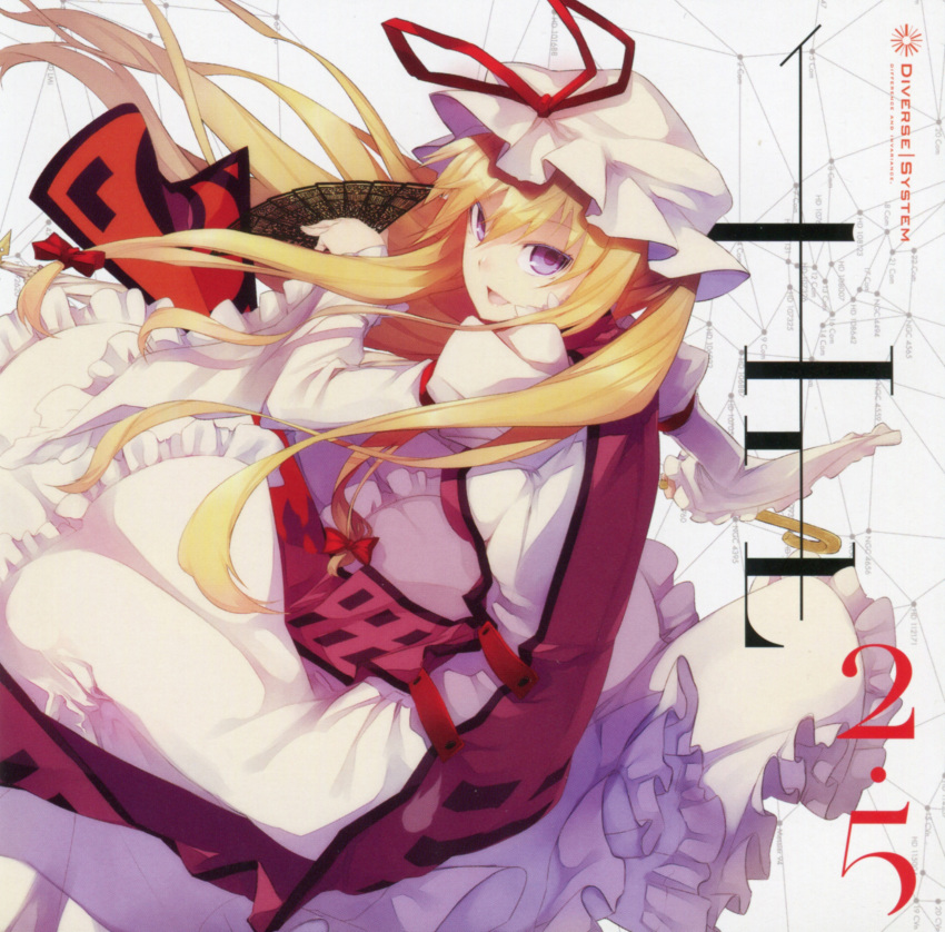 1girl absurdres album_cover back blonde_hair bow cover dress fan frilled_dress frills hair_bow hair_ornament hat hat_bow highres long_hair long_sleeves looking_at_viewer looking_back mob_cap open_mouth parasol puffy_sleeves scan shingo_(missing_link) smile solo tabard text touhou umbrella violet_eyes white_dress wide_sleeves yakumo_yukari